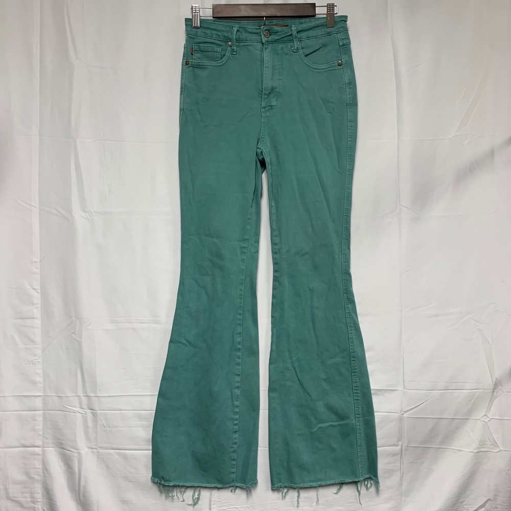 Judy Blue Flare Jeans Womens 5/27 Teal Green Raw Hem High Rise‎ JB88804 C